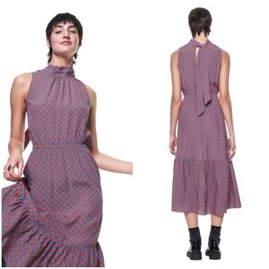 NWOT The Kit Jia Midi Dress Blue Orange Check Grid Sleeveless Back Neck Tie
